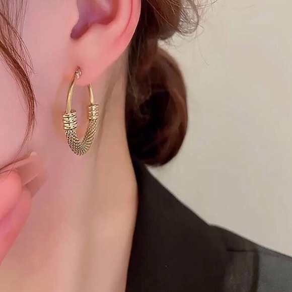 New Anthro Gold Textured Hoop Earrings - Picture 8 of 14